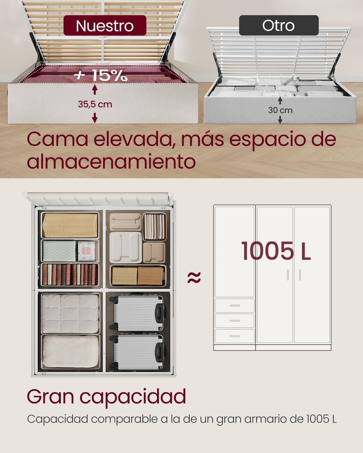 VASAGLE Estructura de Cama, 160 x 200 cm, Cama Elevable, 2 Personas, con Almacenaje, Cabecero, Sistema Hidráulico, Moderno y Minimalista, Fácil Montaje, Beige Capuchino RMB615LH01 — view 5