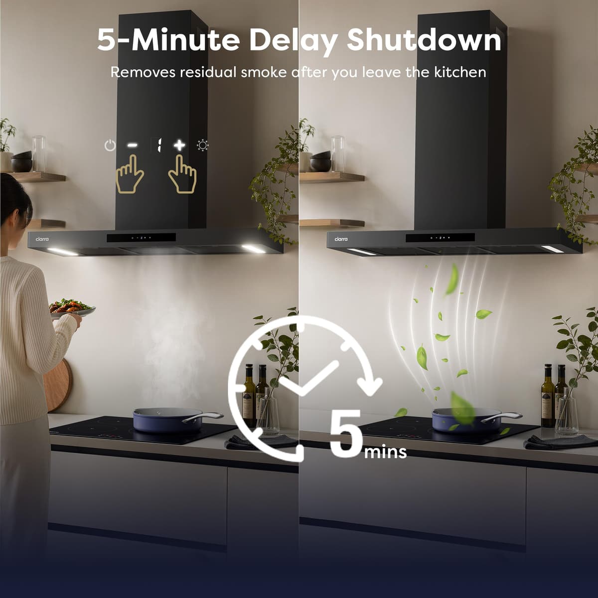 Ciarra 90cm Cooker Hood CBCB9102P Smart App WIFI Touch Control 650m³/h Recirculating&Ducting Wall Mount Hood Kitchen Extractor Fan 4-Speed with Booster Function Dimmable LED Lights — view 4