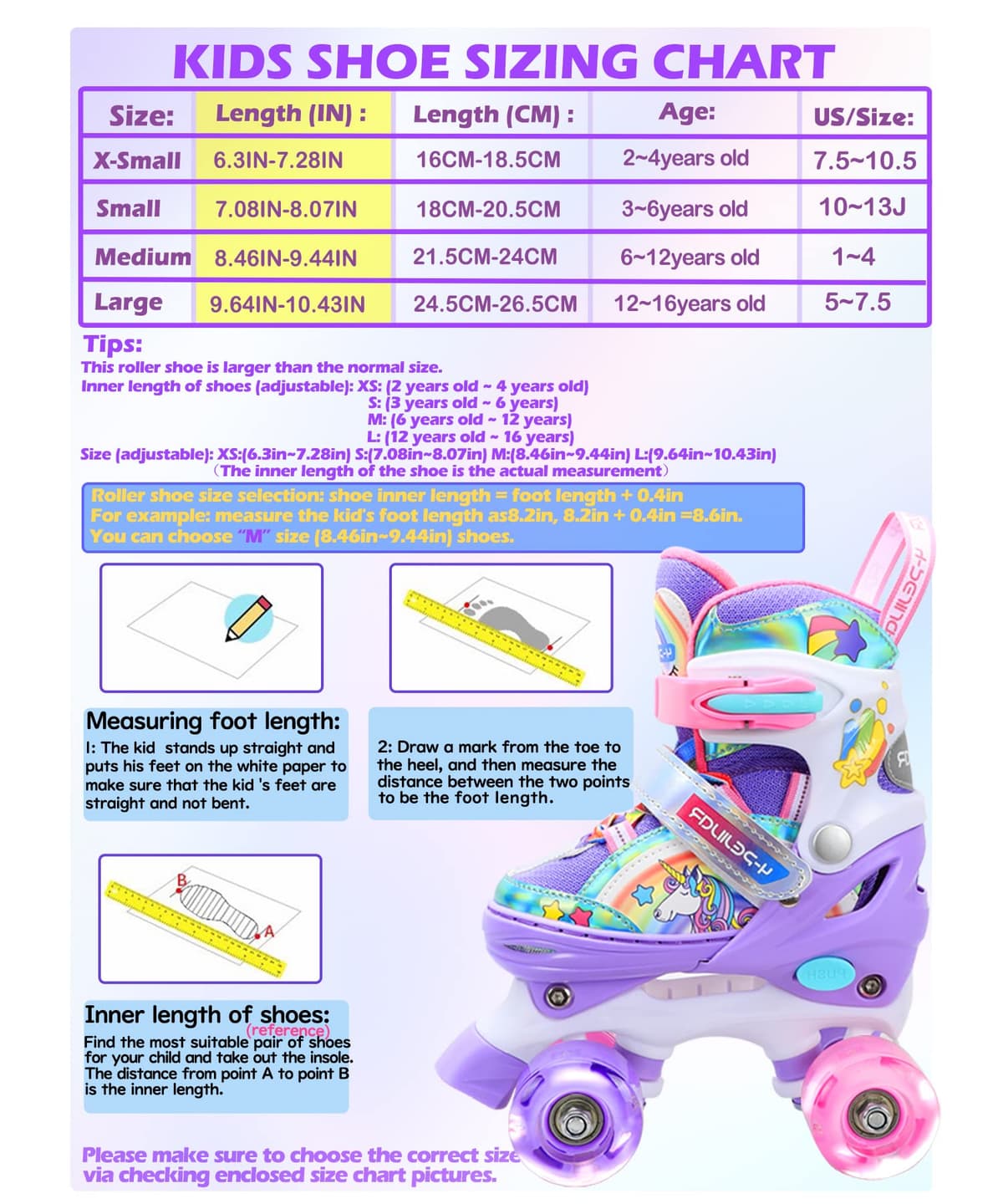 Patines Unicornio para Niños Patines Roller Quad Ajustables con Ruedas Luminosas para Niñas y Niños Principiantes — view 3