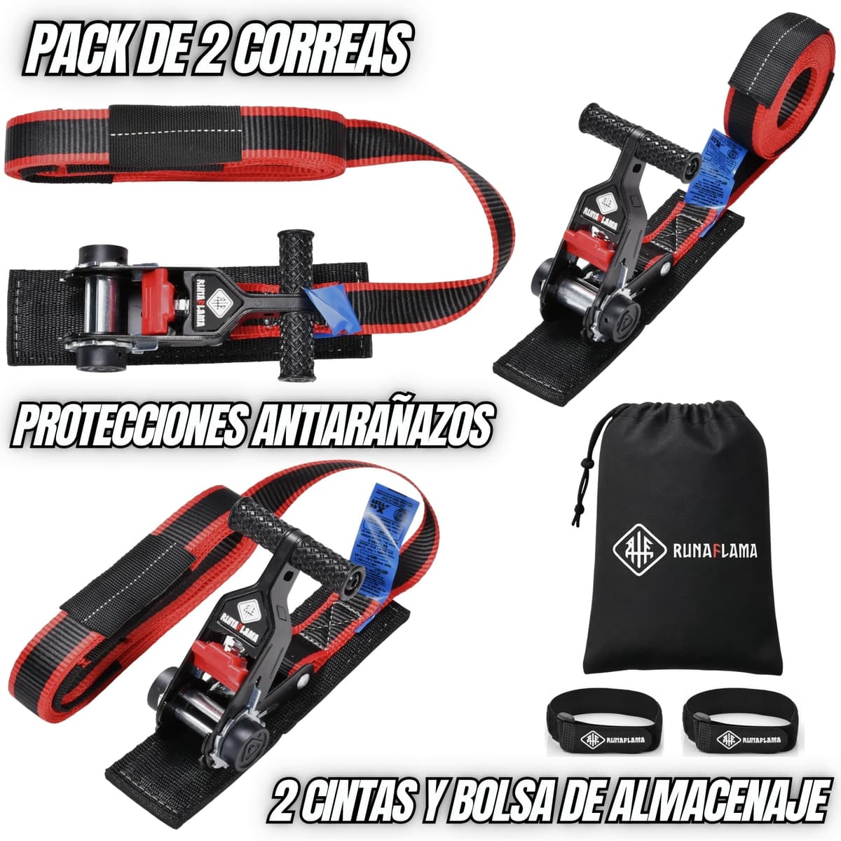 RUNAFLAMA - Cinchas de Amarre Carraca con Protección - Eslingas de Carga para Baca Coche, Surf, Kayak, Paddle - Trinchas de Sujeción a Portabicicletas - F. Rotura 1600 kgf/Cinta - 2 Correas de 3,5m — view 2