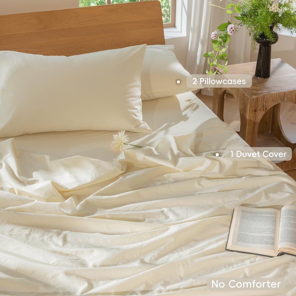 MooMee Bedding Duvet Cover Set 100% Washed Cotton Linen Like Textured Breathable Durable Soft Comfy (Tannish Linen Grey, King) — view 34