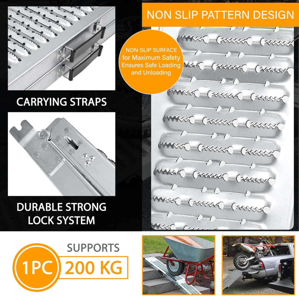 Crystals 200kg Folding Loading Ramp – Heavy‑Duty Alloy Steel Access Ramp for Motorbikes, Mobility Scooters & Trolleys – Compact Portable Foldable Ramps for Easy Transport & Storage — view 3