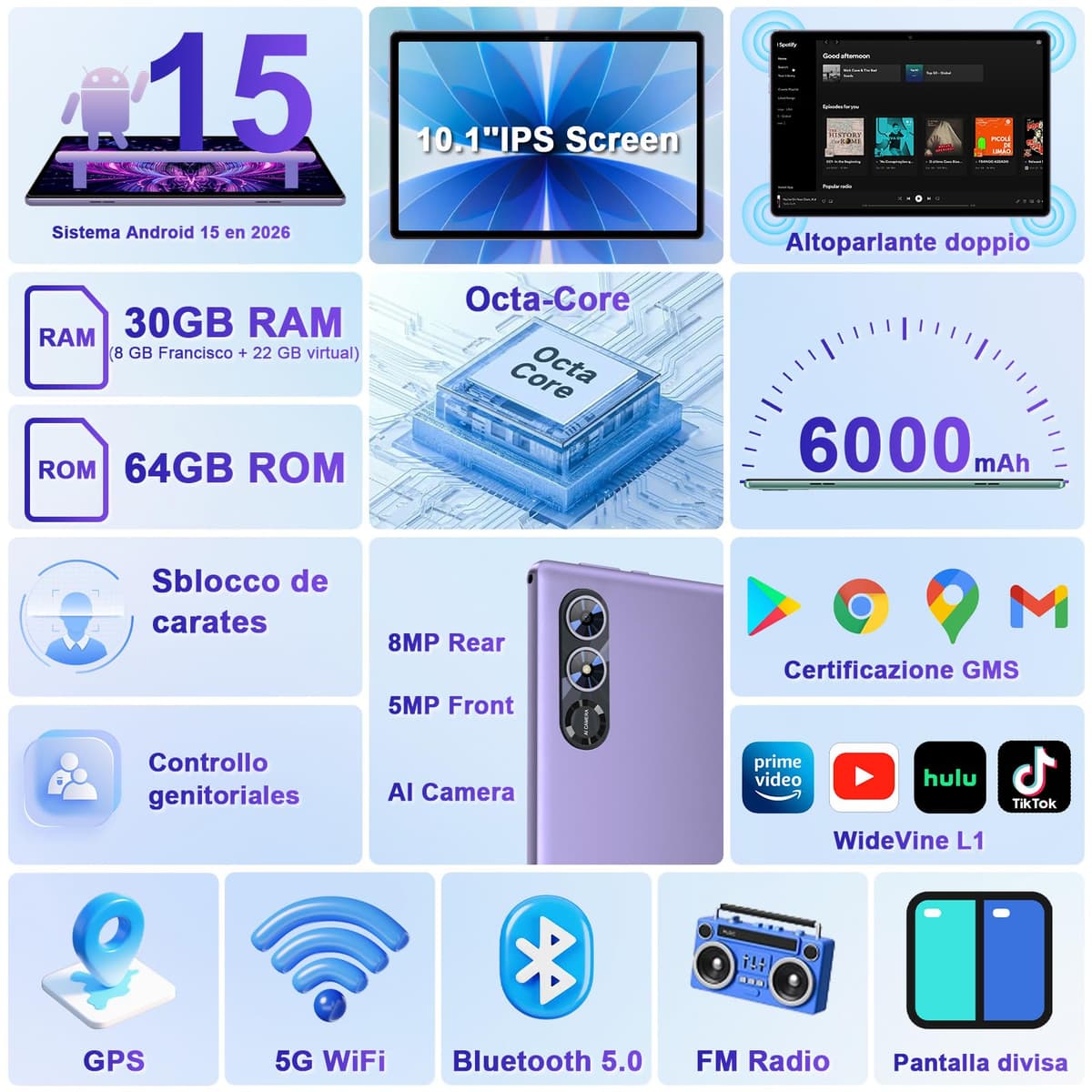 fezawio Android 15 Tablet 10 Pulgadas Gemini AI, Tablet PC Octa-Core, 30 GB RAM + 64 GB ROM (1TB TF), 3.5mm Audio/GMS/WiFi 6 & BT 5.0 / 6000mAh / GPS/Widevine L1, Tableta con Teclado-Morado — view 5