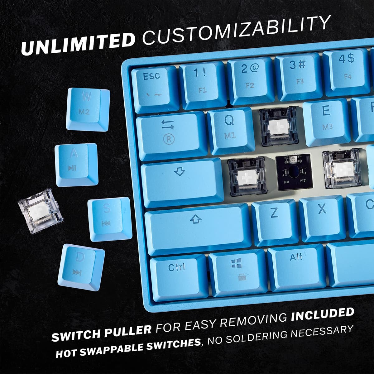 HK Gaming GK61 Mechanical Gaming Keyboard 60 Percent | 61 RGB Rainbow LED Backlit Programmable Keys | USB Wired | For Mac and Windows PC | Hotswap Gateron Mechanical Yellow Switches | Blue — view 3