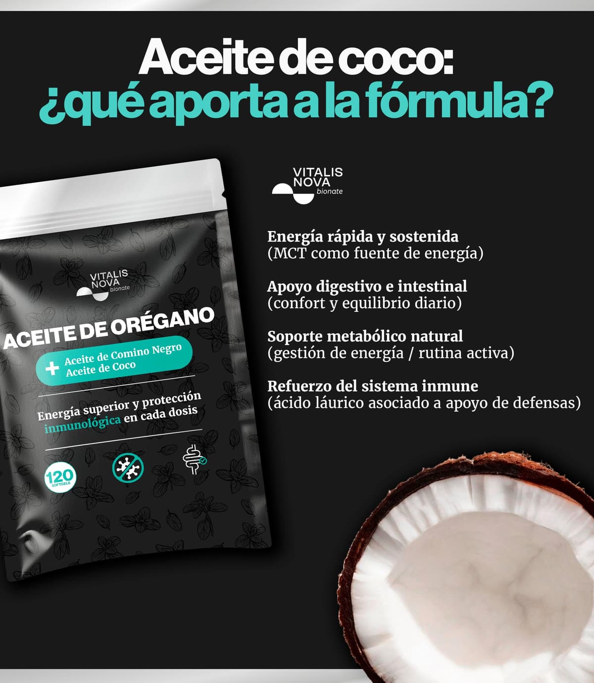 VITALIS NOVA Aceite de Oregano 120 Capsulas Blandas 150mg Activo Principal 100mg Semilla Negra 250mg Coco Formula 3en1 Carvacrol Potente Digestivo Defensas Naturales Facil de Tragar Uso Contra Candida — view 7