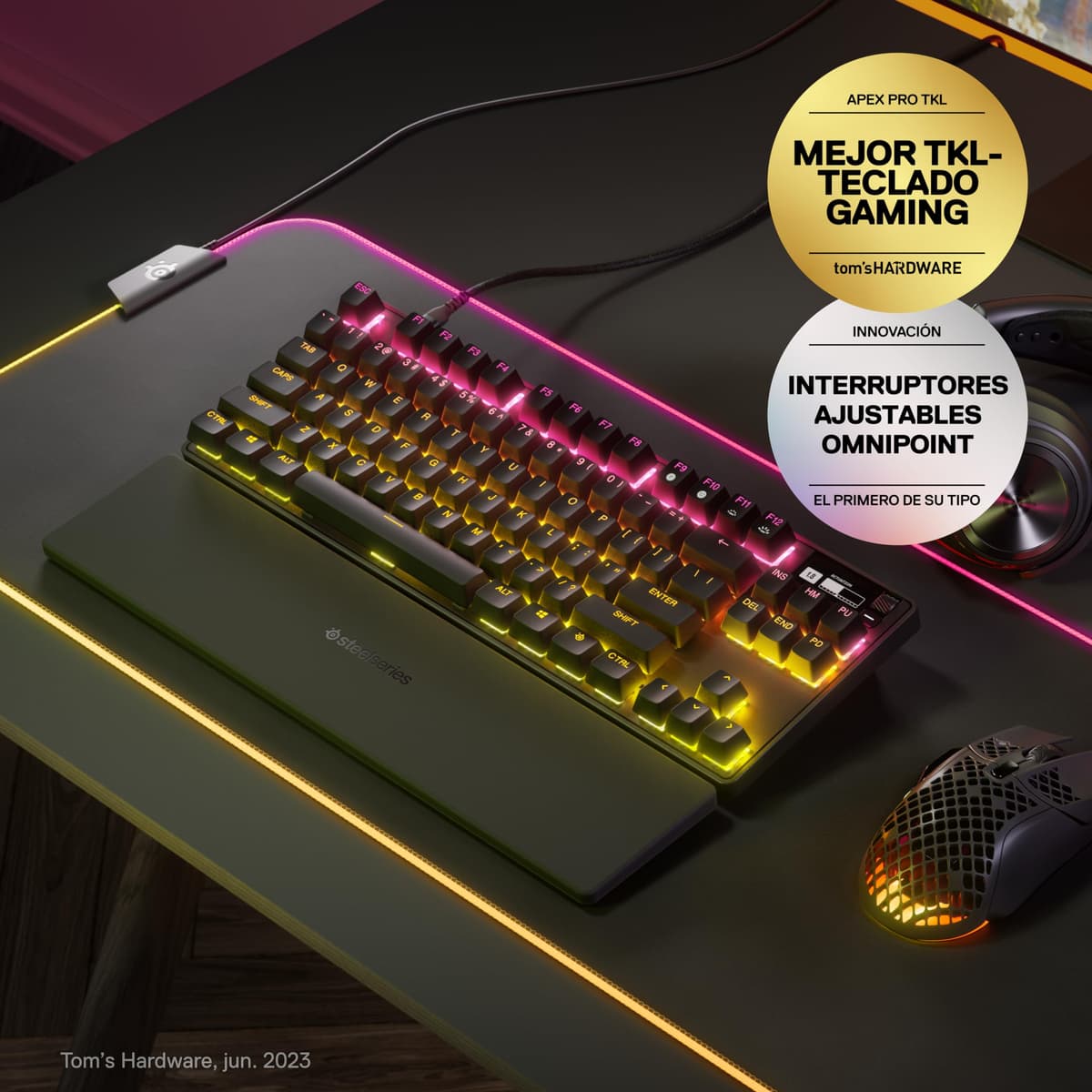 SteelSeries Apex Pro TKL (2023) - Teclado gaming HyperMagnetic – El más rápido del mundo - Accionamiento ajustable - Esports TKL - RGB - Teclas PBT - USB-C - Teclado inglesa (QWERTY) — view 2