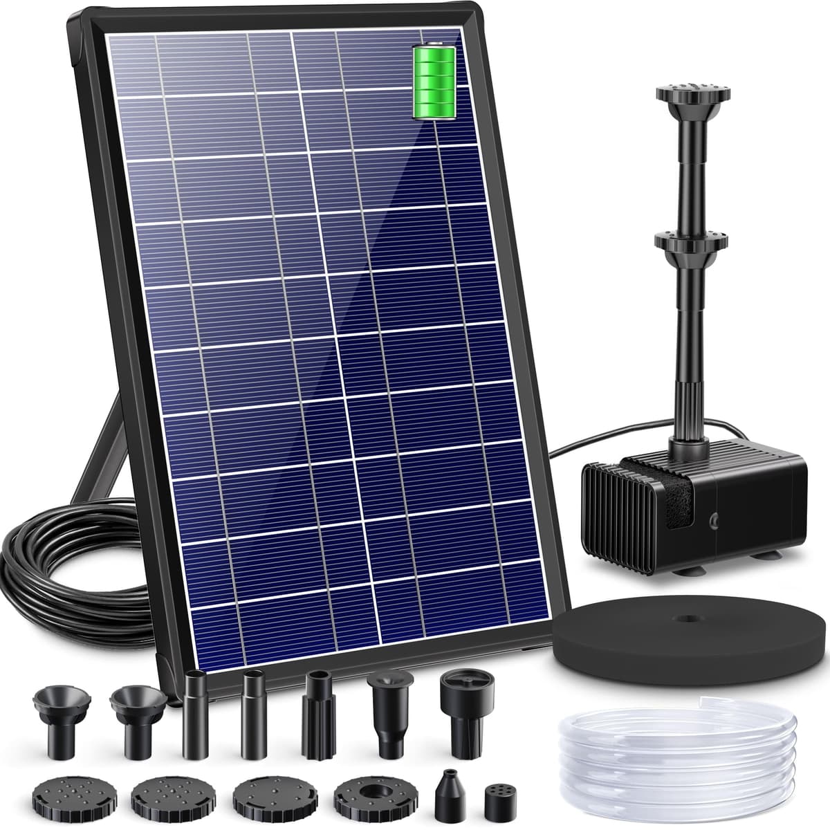 Biling Solar Pond Foundtain with Battery Backup, 8W 300L/H Solar Water Pump with 3600 mAh Battery Backup Filter Solar Water Feature Pump with DIY 5ft Tubing for Garden Ponds, Pool, Fish Tank