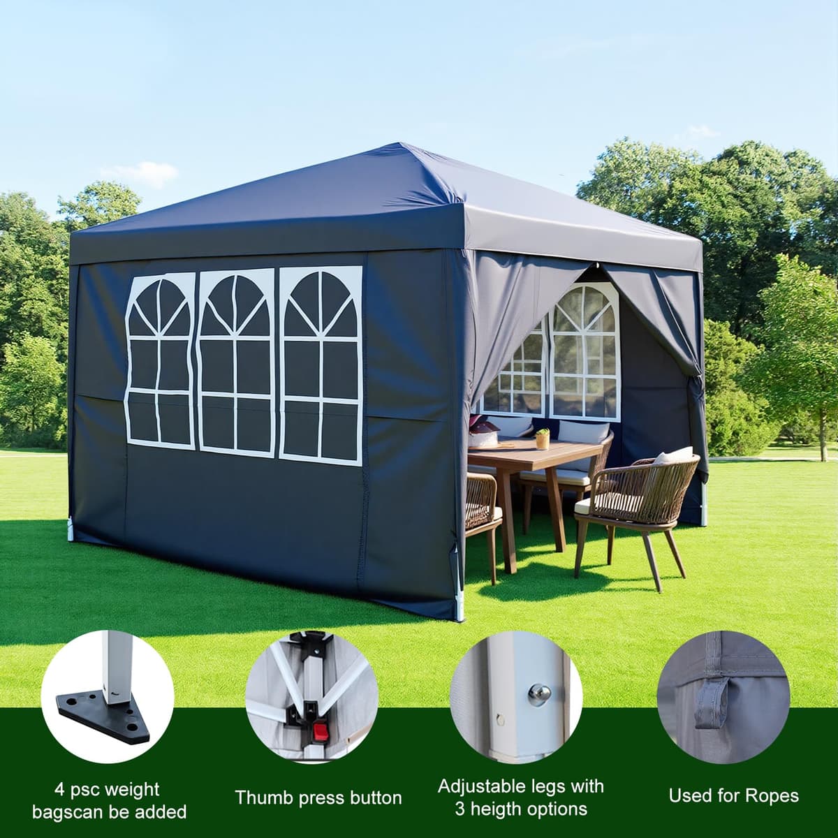 3x3m Pop Up Gazebo with 4 Removable Sidewalls, Portable Outdoor Party Tent with Carry Bag, All Weather Canopy for Camping, Markets, Garden Events (Grey) — view 2