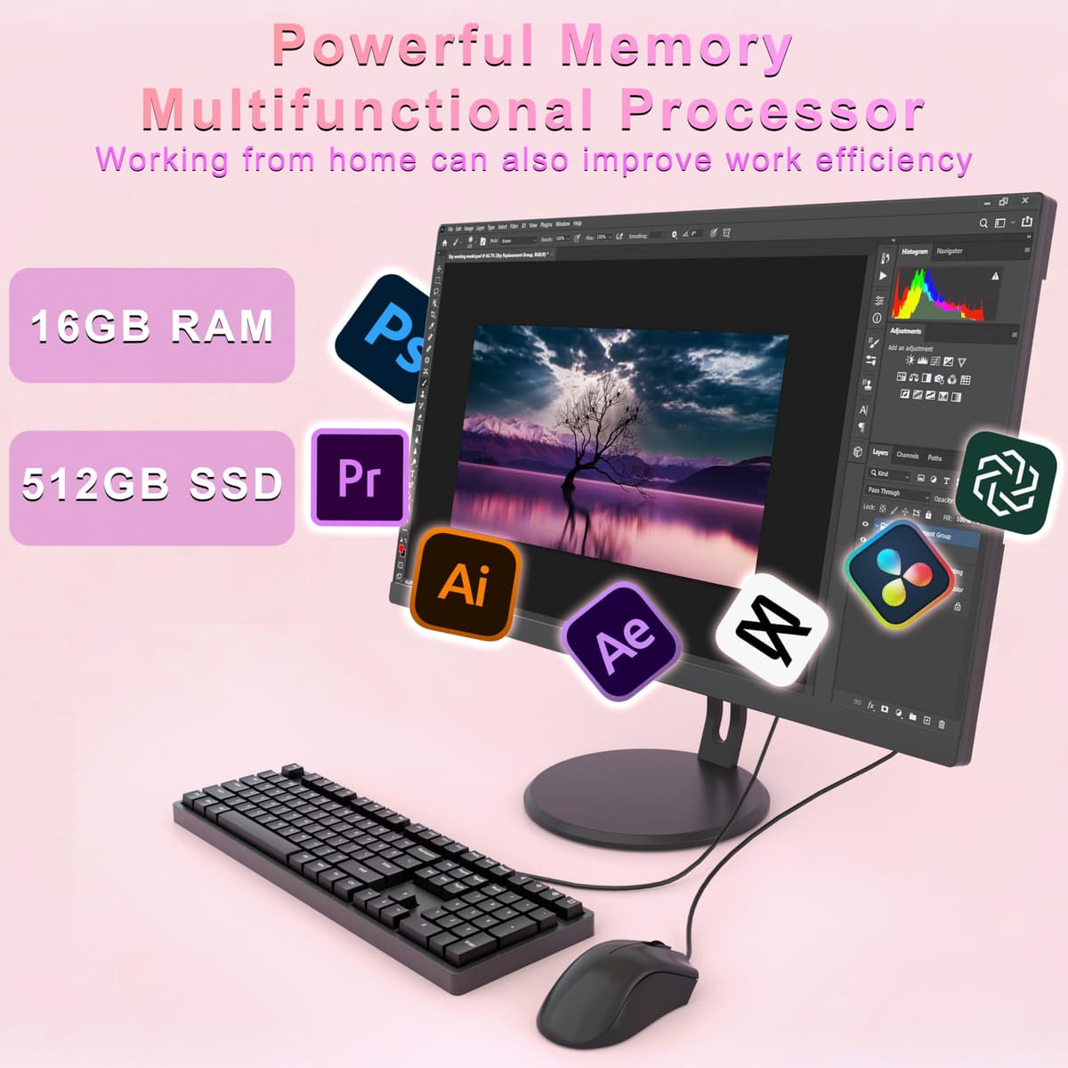 23.8-inch All-in-One Desktop Computer – Core i5-7300HQ (Up to 3.5GHz), 16GB RAM, 512GB SSD, With Retractable Privacy Webcam, Wi-Fi 6, Bluetooth 5.3, HDMI, VGA, USB 3.0, RJ45, Keyboard & Mouse — view 3