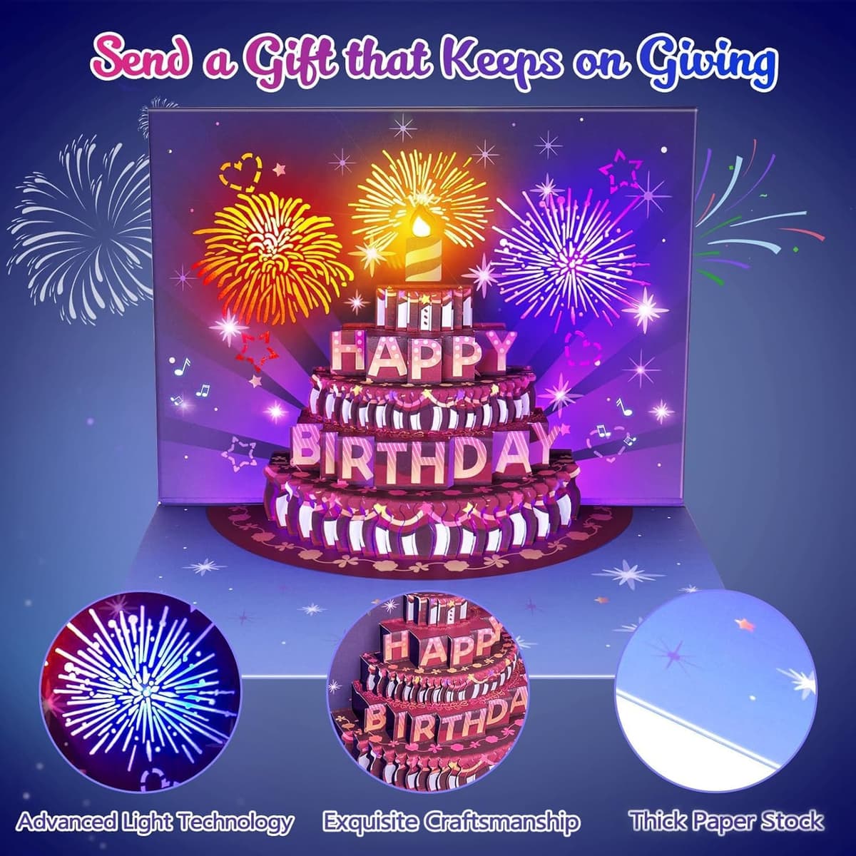 Birthday Cards, LIGHTS & SOUND Pop up Happy Birthday Card Birthday Gifts for Women Men Husband Wife Kids Greeting Cards With Envelopes — view 4