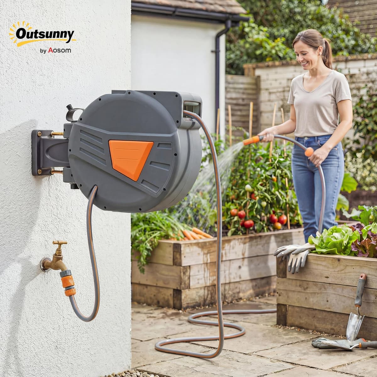 Outsunny Enrollador de Manguera para Jardín 20+1,6 m con Boquilla de 2 Modos, Carrete de Manguera de Jardín de Pared con Bloqueo Automático y Retracción Controlada, Soporte Orientable 180°, Naranja — view 2