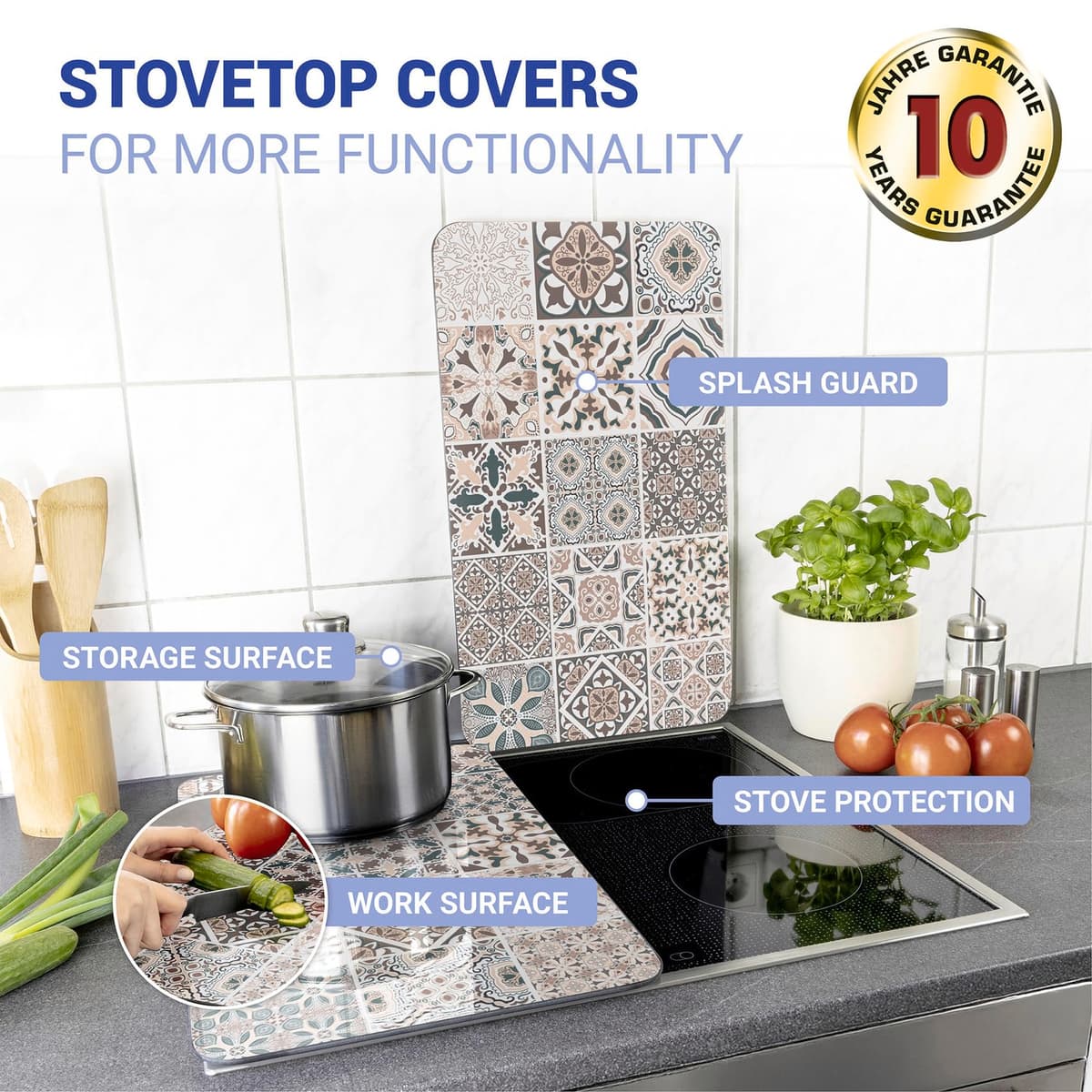 WENKO Placas protectoras para cocina Mod Azulejo, ajustable en altura para todo tipo de cocinas, tabla de cortar y protector contra salpicaduras, vidrio, 30 x 52 cm, juego de 2 — view 2