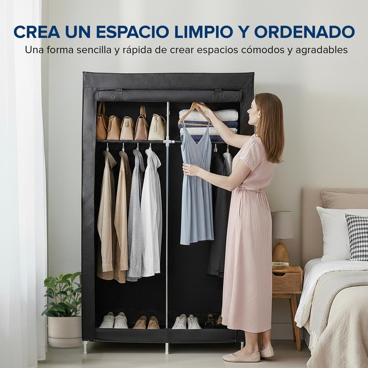 BILSOS Armario de tela105x45x165cm con 2 Barras para Colgar, 4 estantes, 3 Perchas Plegables y 3 Fundas, Armario ropero Tipo Burro Ropa Resistente - Closet Organizador — view 2