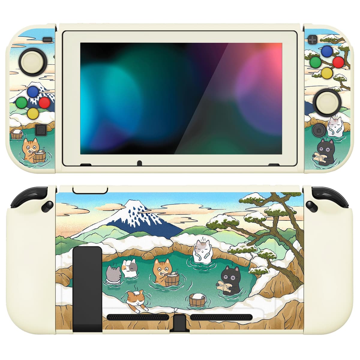 PlayVital ZealProtect Soft Protective Case for Nintendo Switch, Flexible Cover Protector for Switch with Tempered Glass Screen Protector & Thumb Grips & ABXY Direction Button Caps - Hot Spring Kitties