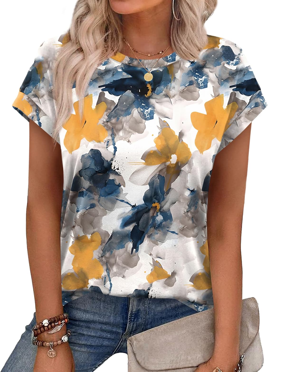 Aokosor Womens Summer Tops Floral Printed Short Capsleeve Shirts Crew Neck Cute Fashion Dressy Tunic Blouses for UK