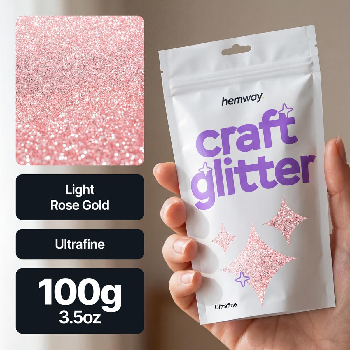 Hemway Craft Glitter Light Rose Gold 100g Ultrafine Glitter for Crafts, Resin, Cosmetic, Nail, Face, Body, Festival, Tumblers, Art, Candle, Crafting — view 2