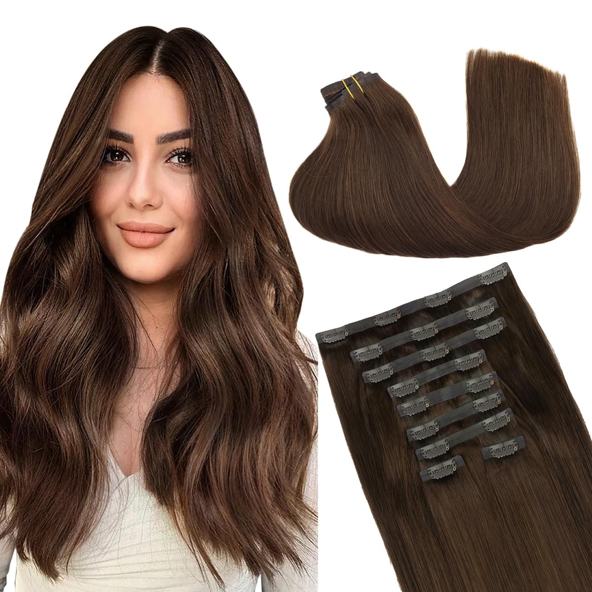 GOO GOO Clip in Hair Extensions Human Hair, 18inch 150g 9Pcs, #2 Dark Brown, Hair extensions for women, Human Hair Extensions Clip in — view 145
