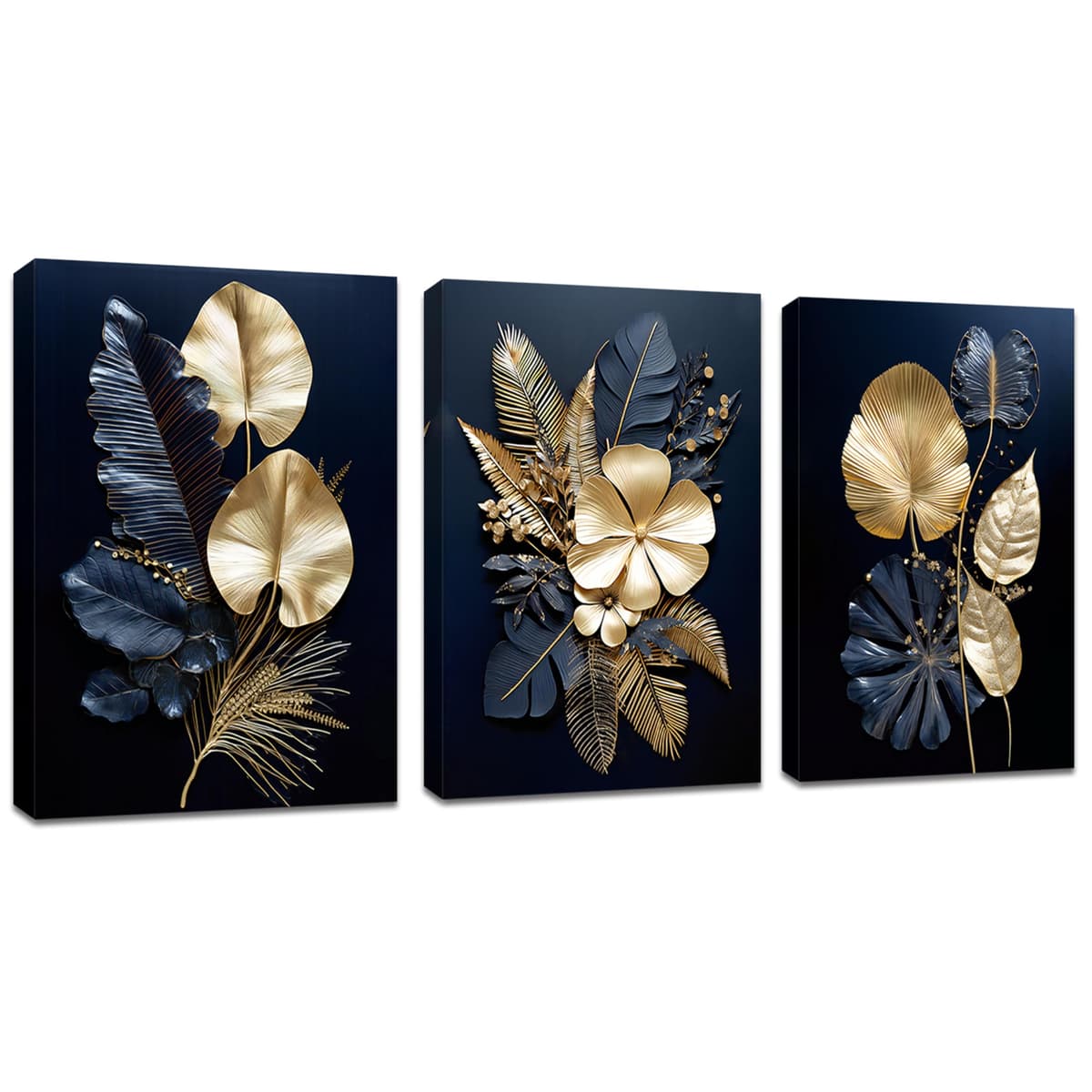 FajerminArt 3 Panels Modern Canvas Wall Art Navy Blue Gold Flowers Coconut Leaves Pictures Painting on Canvas Prints for Living Room Bedroom Office Wall Decoration Stretched On Frame 30x40cmx3 Pcs