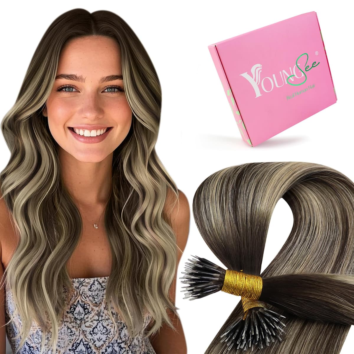 YoungSee Nano Hair Extensions Blonde 16inch Nano Beads Hair Extensions Warm Ash Blonde Highlight Bleach Blonde Nano Ring Hair Extension Highlight for School Soft Cold Fusion 50s 50g — view 42