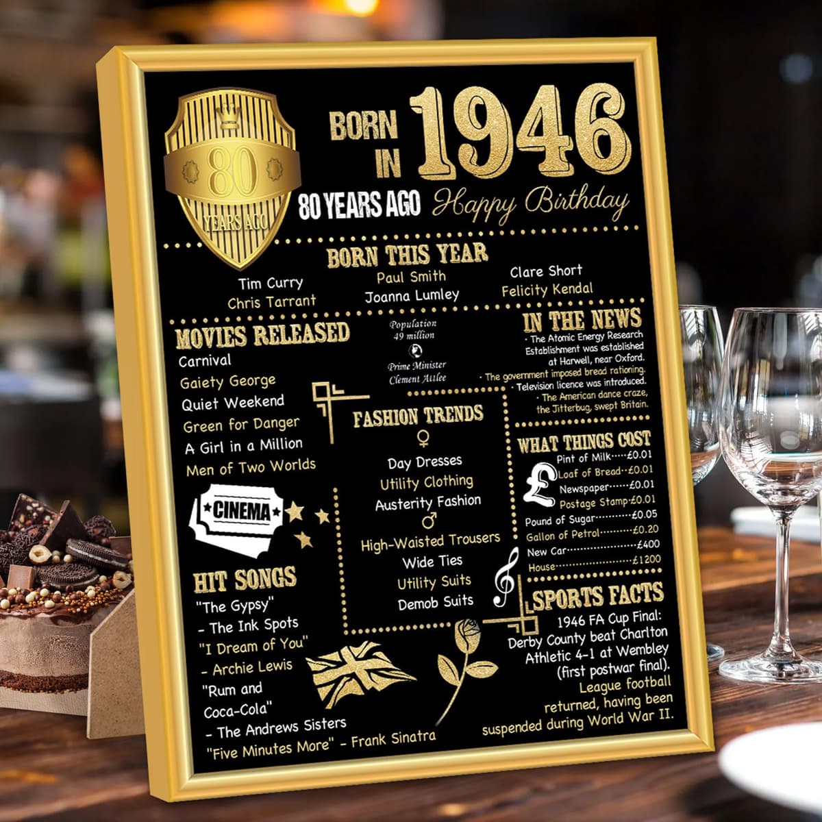 Benjia 1946 Poster Framed UK, Happy 80th Birthday Sign Card Party Decor Supplies Home Decoration Birthday Gift 80 Years Old Wedding Newspaper For Men Women (8x10 inch, Black Gold)