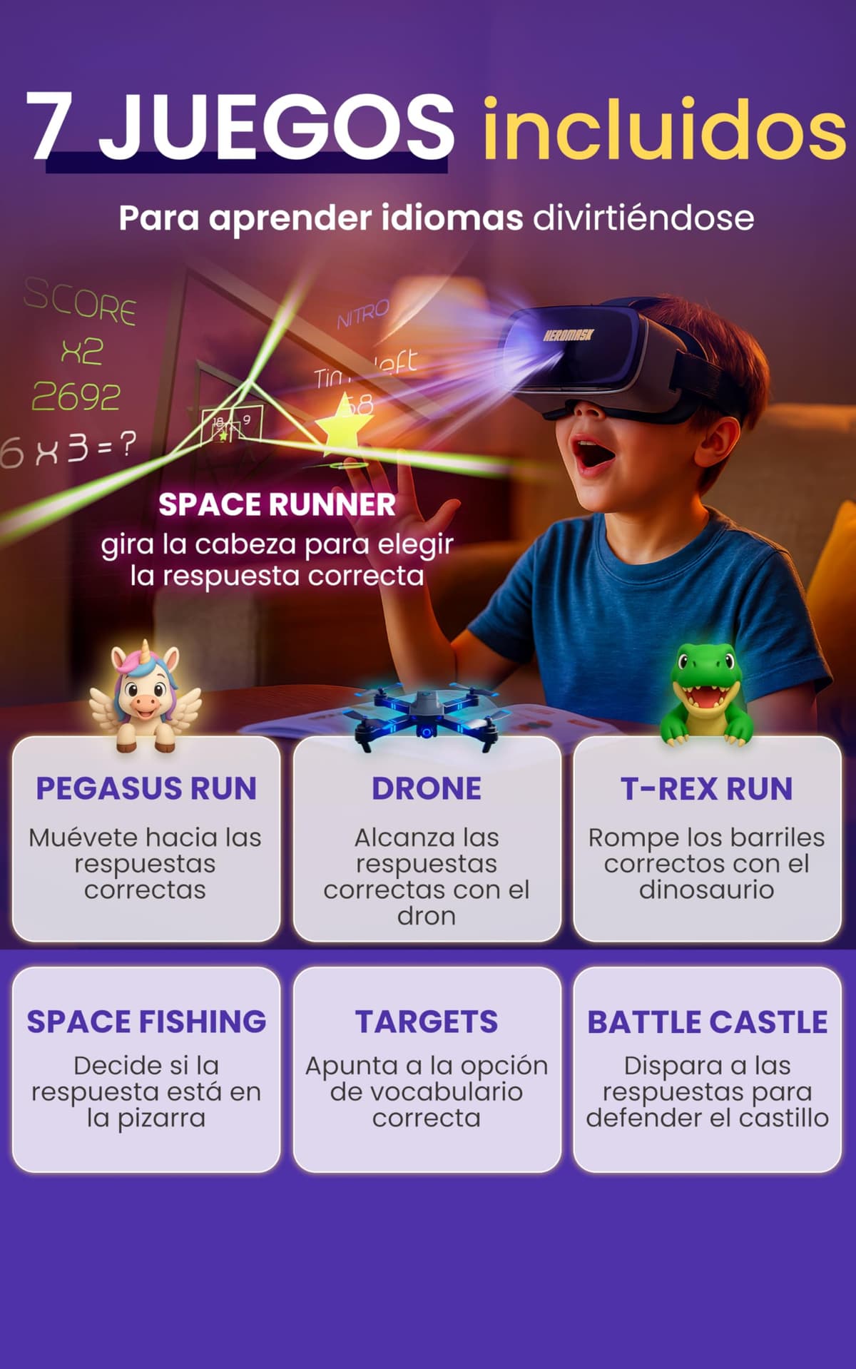 Heromask Languages: Virtual Glasses + Games (5-12 years) ― Gift that motivates you to learn English, Chinese and other languages while playing VR video games — view 3
