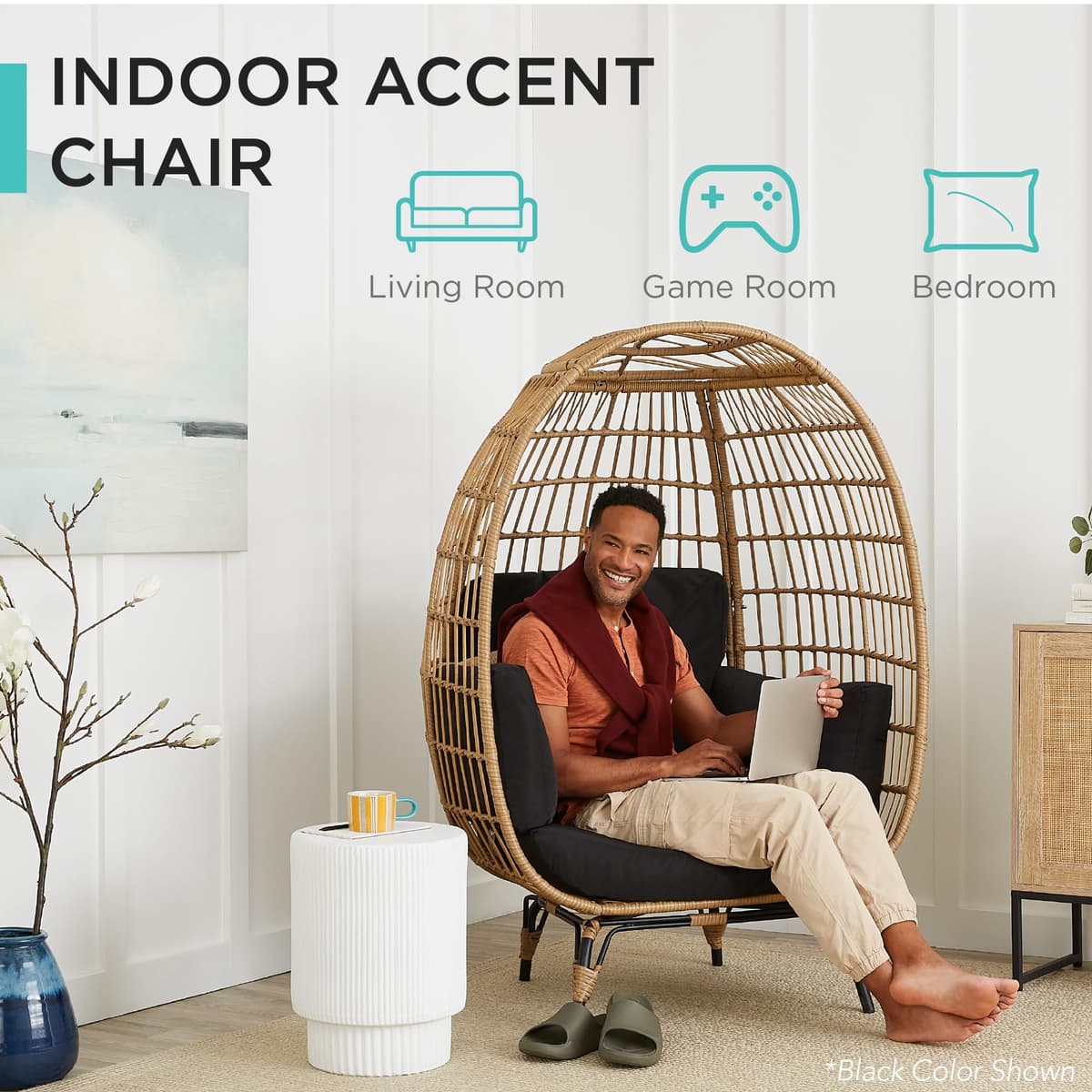 Best Choice Products Wicker Egg Chair, Oversized Indoor Outdoor Lounger for Patio, Backyard, Living Room w/ 4 Cushions, Steel Frame, 440lb Capacity - Ivory — view 5