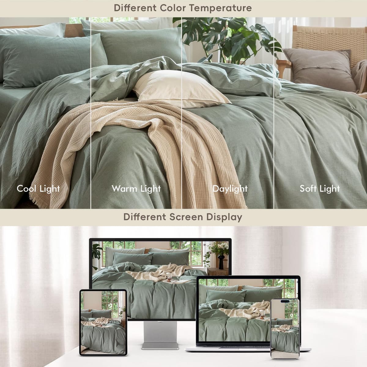 MooMee Bedding Duvet Cover Set 100% Washed Cotton Linen Like Textured Breathable Durable Soft Comfy (Tannish Linen Grey, King) — view 87