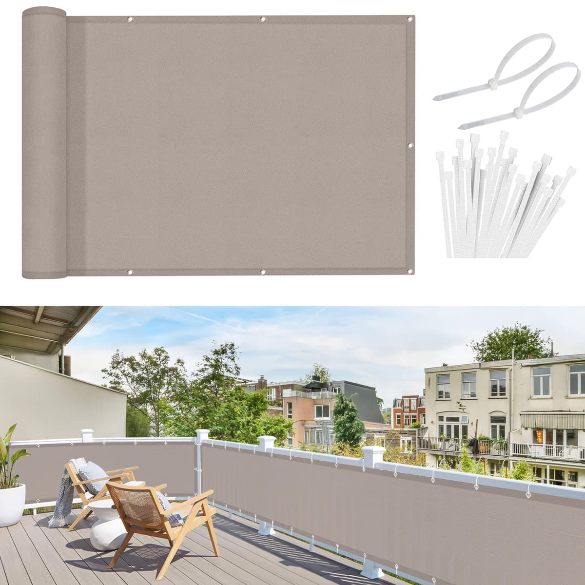 Sunnylaxx Balcon Privacidad 80x400cm Gris Pardo, Pantalla De Privacidad Balcon Protección PES, Incluye Bridas para Cables