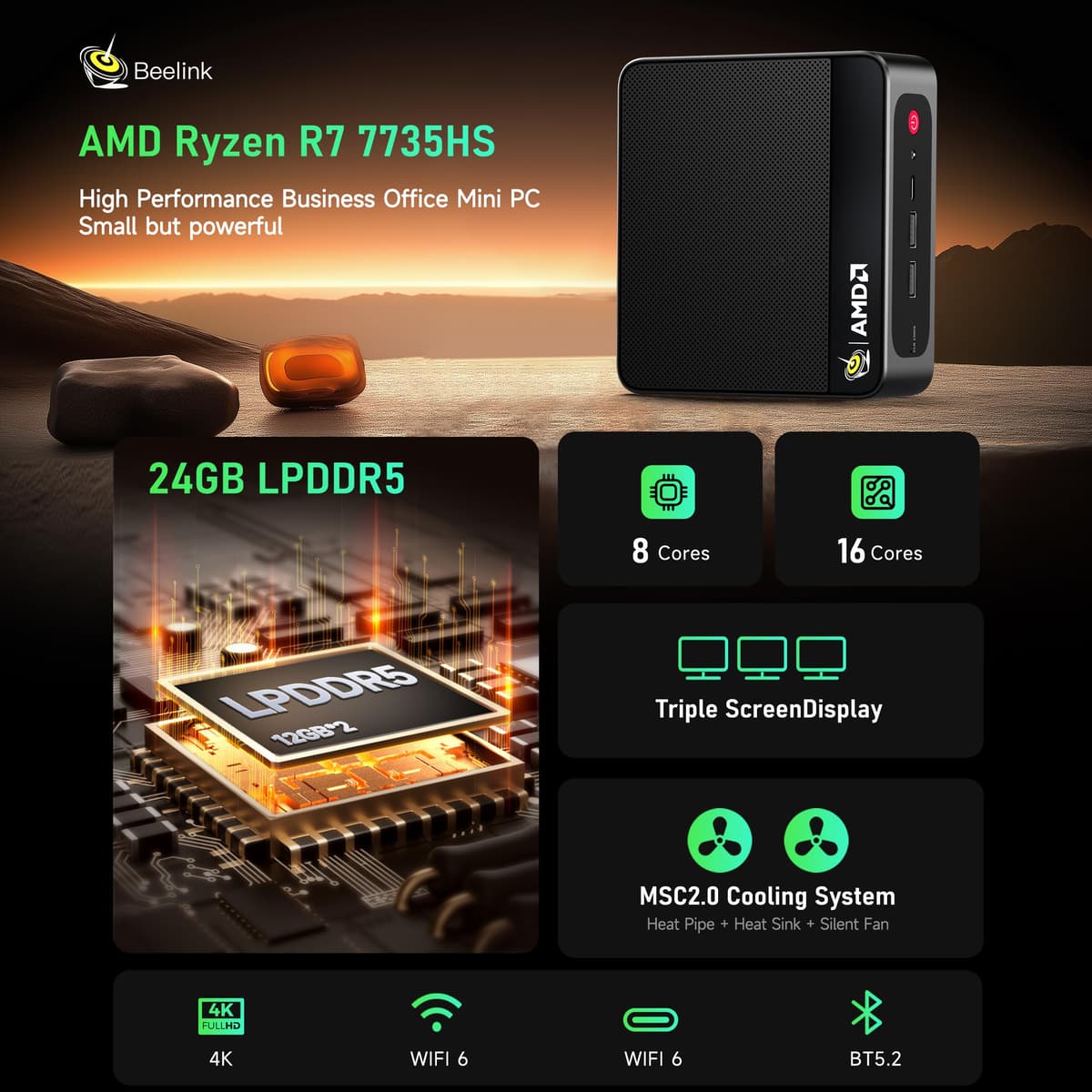 Beelink SEI Mini PC, AMD Ryzen 7 7735HS(up to 4.75GHz), 24GB LPDDR5 500GB PCIe x4, Radeon 680M Graphics Triple 4K Display, 2.5G LAN, Office Mini Desktop Computer — view 2