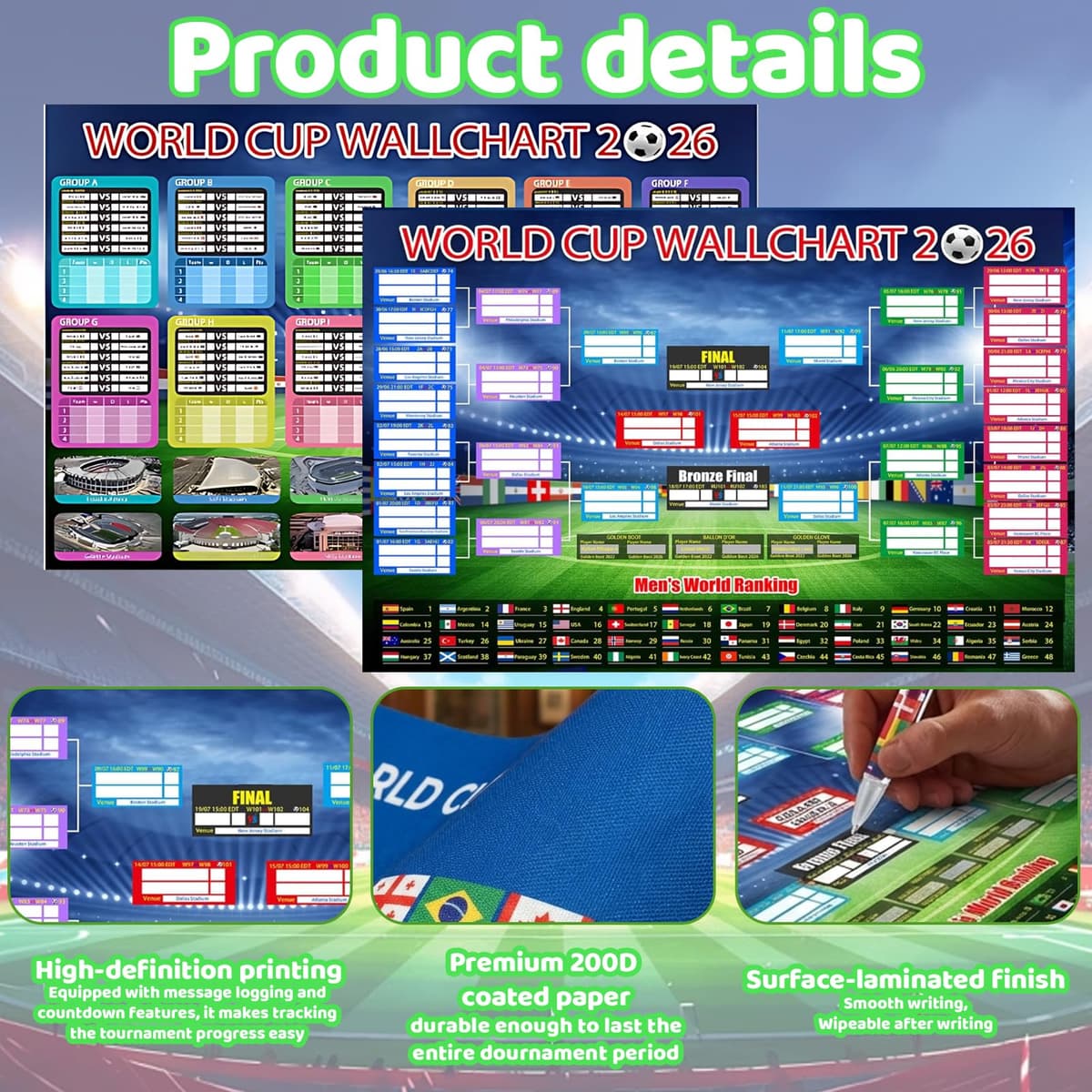 TZMFHD World Cup Football 2026, Interactive Wall Chart for 2 Football Fans, Foldable Design for Easy Storage, Large Size 87 x 58 cm, World Cup Bunting 2026 — view 3