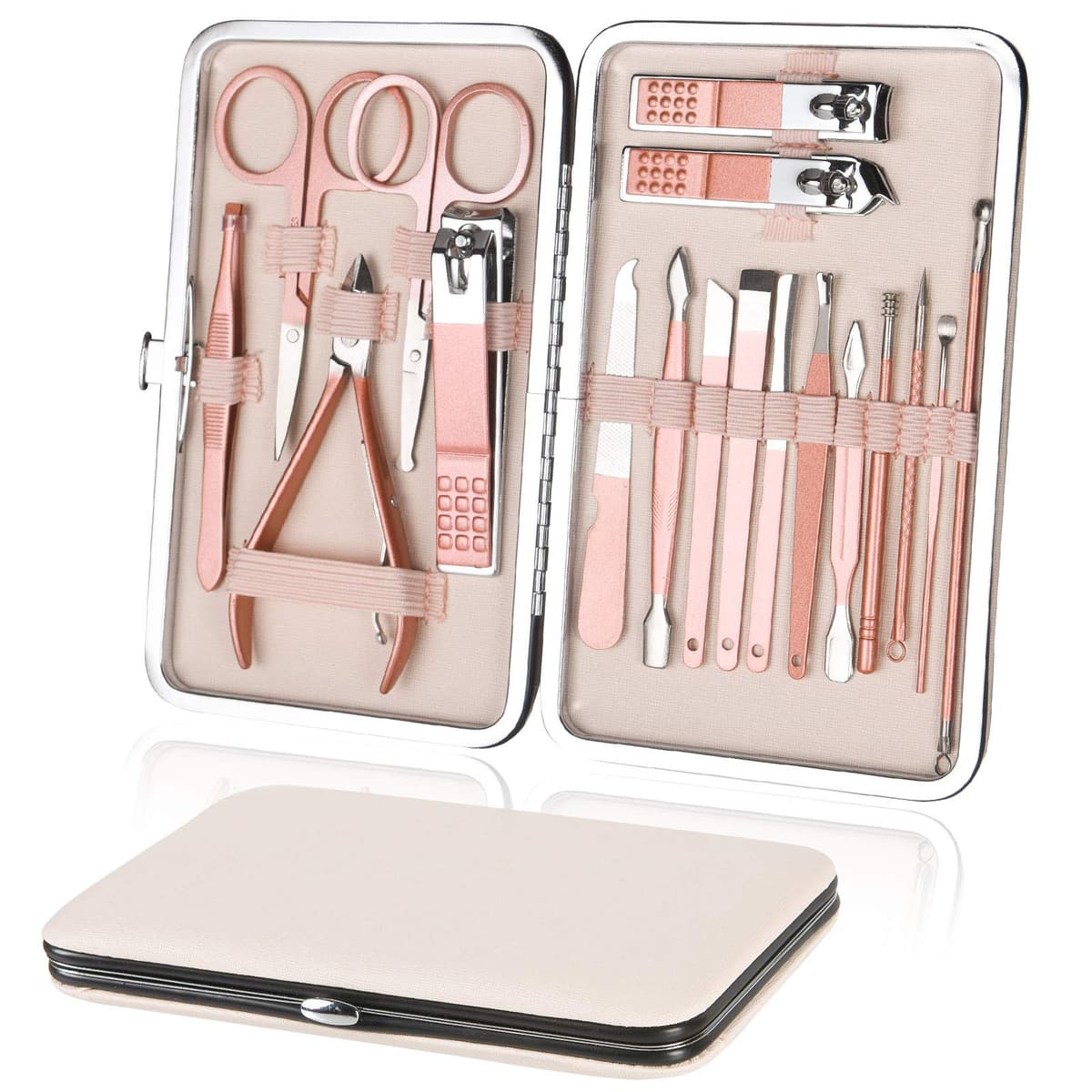 URAQT Manicura Pedicura Set, 18 Piezas Cortaúñas, Tijeras de Uñas con Herramientas Remover Cutícula, Acero Inoxidable, para Viajes y hogar, con Caja de Cuero