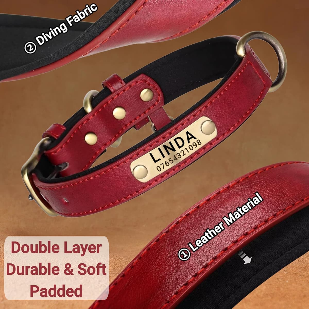 Genuine Leather Dog Collar Personalised, Soft Padded Leather Dog Collars Heavy Duty with Custom Engraved Name Plate Adjustable for Small Medium Large Dogs (L, Red 35-45cm) — view 3