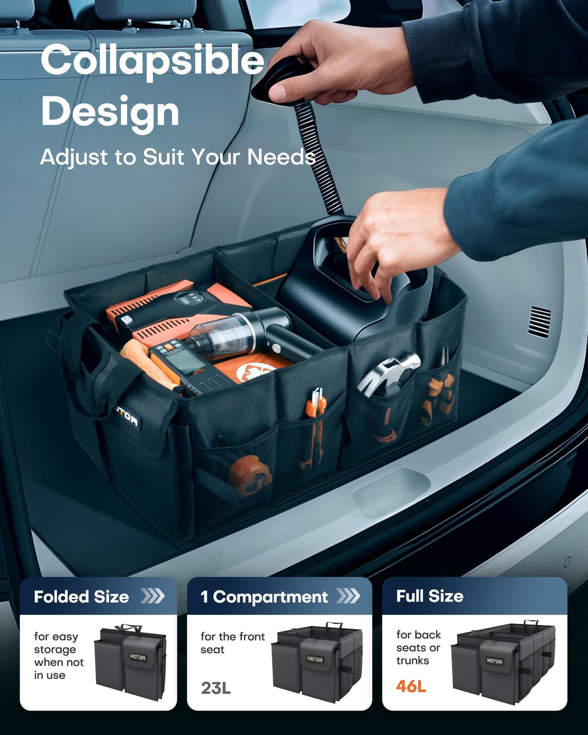 HOTOR Car Boot Oganiser - Large-Capacity Auto Trunk Organizer Collapsible Multi Compartments, Foldable Boot Storage for SUVs, Sturdy Car Accessories for Men Camping Tools, Black, 54.0 × 32.0 × 27.0 cm — view 4