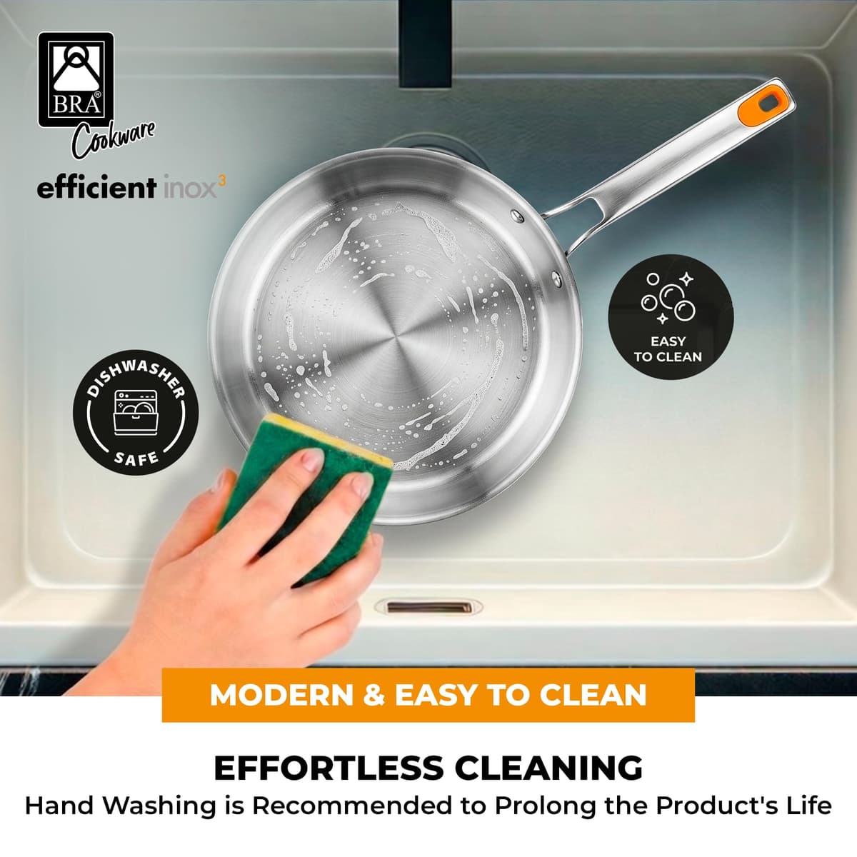 BRA Efficient Inox | Sartén 20 cm, tricapa (interior acero inox 18/10 + interior aluminio + exterior acero inox 18/0 magnético), aptas para inducción, sin antiadherente, mango remachado — view 5