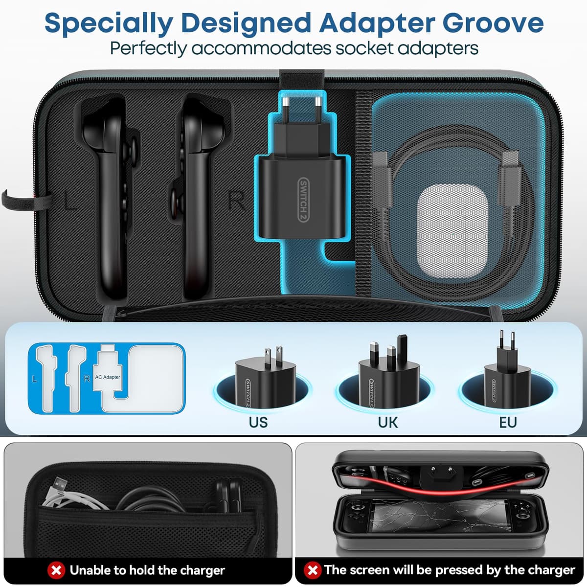 Funda para Nintendo Switch 2025, Bolsa de Transporte para Switch 2 para Joy-Con 2 y Consola, Funda de Viaje para Switch 2 para 24 Tarjetas de Juego y Accesorios, Organizador Cable y Adaptador-Negro — view 2