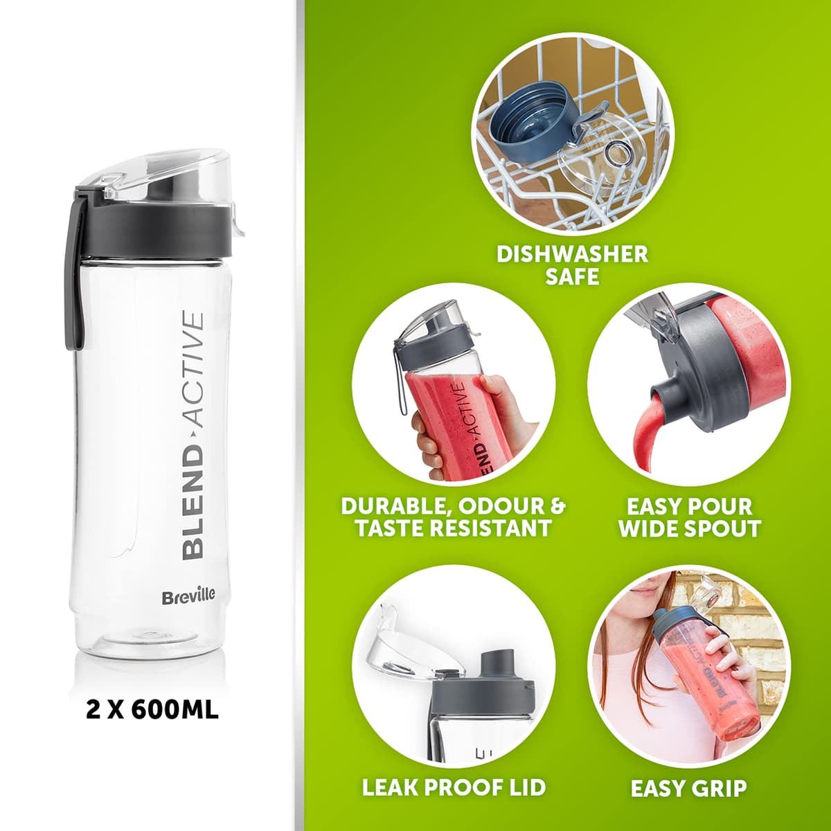 Breville Blend Active Personal Blender & Smoothie Maker | 350W | 2 Portable Blend Active Bottles (600ml) | Leak Proof Lids | White & Green [VBL246] — view 6