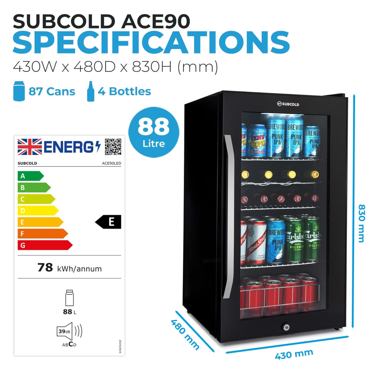 Subcold Ace90 LED Touch Control Beer Fridge With Glass Door | Premium Drinks & Wine Fridge | Black Alu Handle, Auto Defrost, Lockable | 91 Cans | Ideal for Home Bar Undercounter — view 3