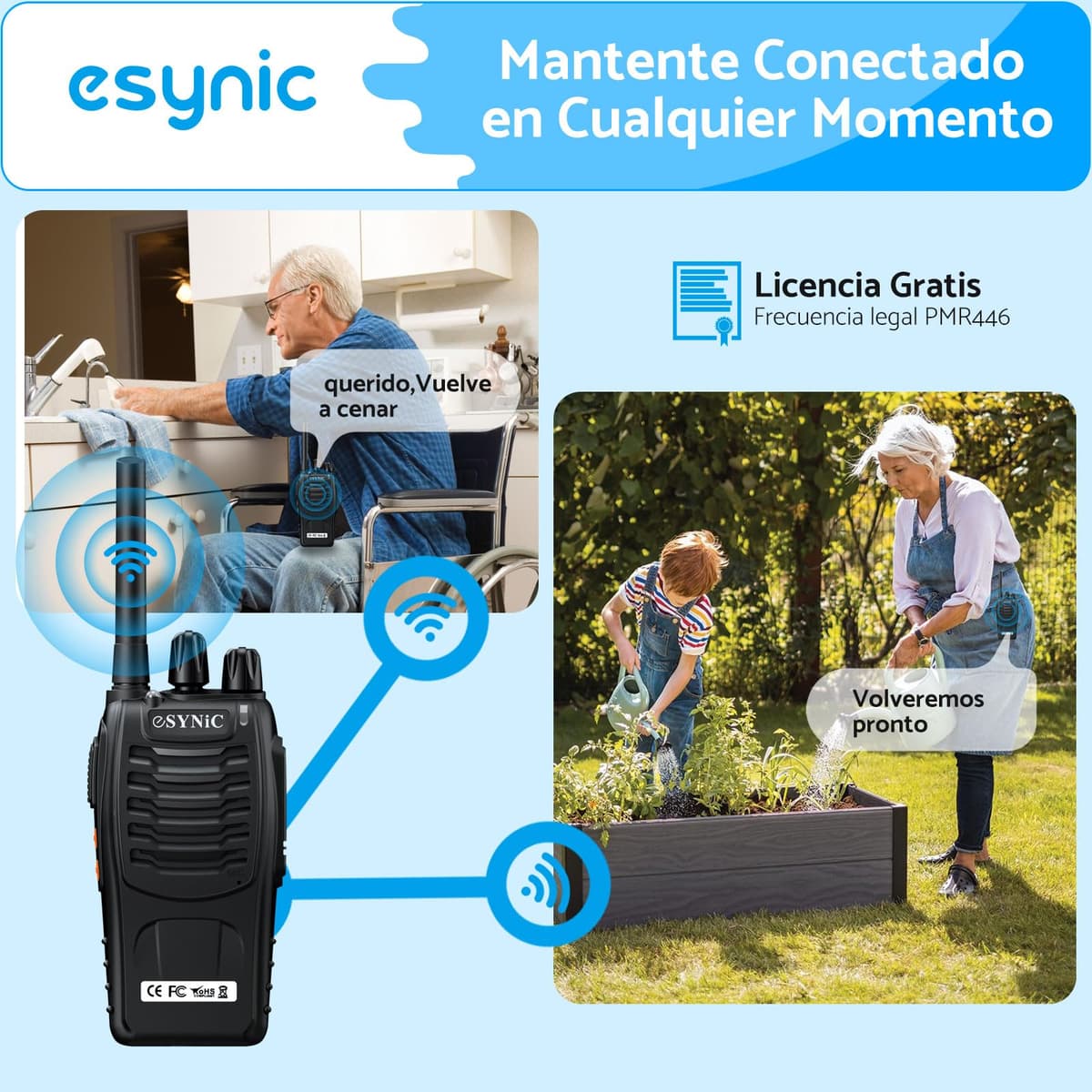 eSynic 4PCS Walkie Talkies de Larga Distancia con Auriculares Walkie-Talkie Profesional 16 Canales 1500mAh con Cargador USB Soporta VOX para Sobrevivir en el Campo Ciclisimo — view 3