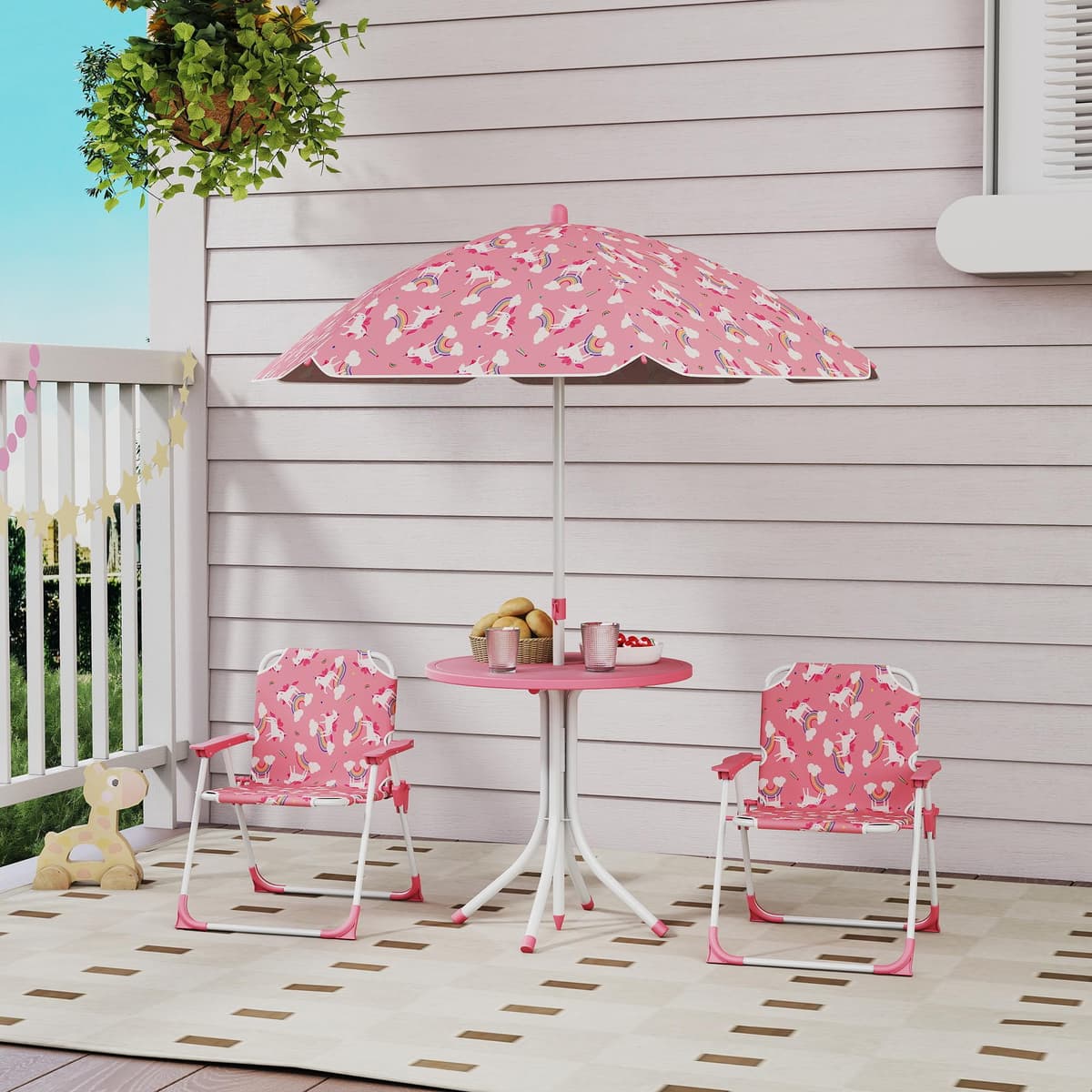 AIYAPLAY Conjunto de Mesa y Sillas Infantil de Jardín de 4 Piezas, Mesa Infantil con Sillas Plegables, Sombrilla Desmontable, Diseño de Unicornios y Arcoíris, para Patio, Pícnic, Rosa — view 2