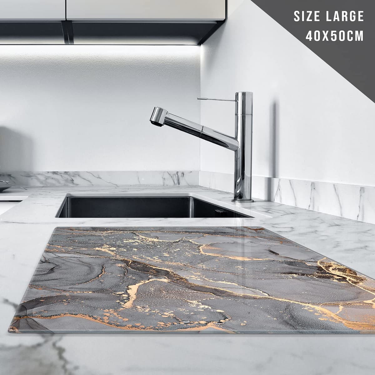 Whats On Your Wall.com Clear Glass Chopping Board | Rectangular, 40L x 30W cm, 0.5 cm Thick | Heat Resistant, Non-Porous, Easy to Clean, Stain Resistant | Teal Gold White — view 2