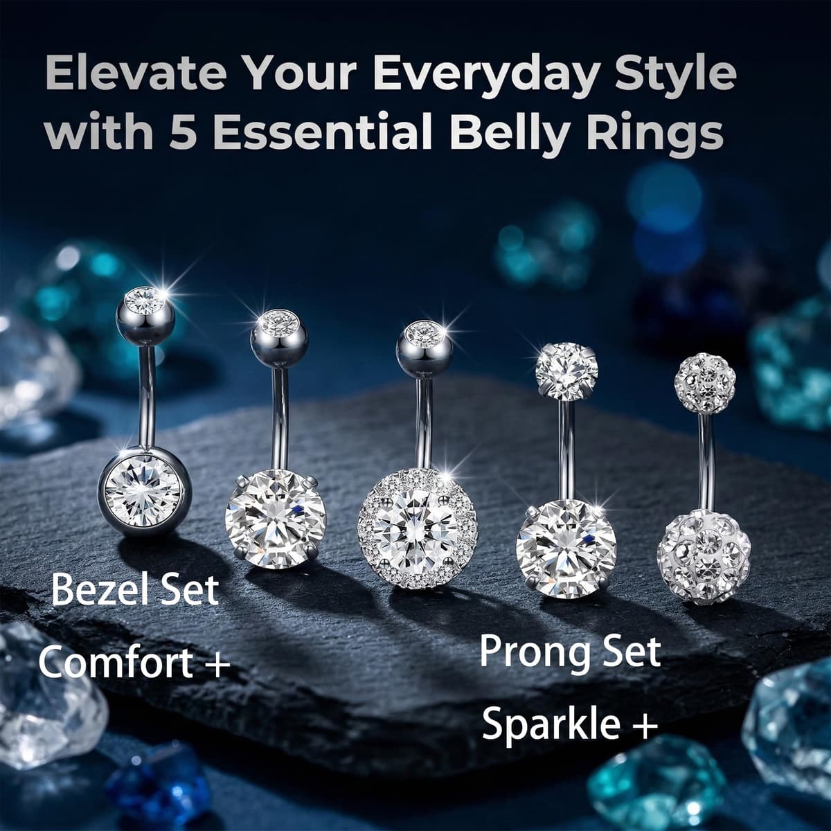 Crdifu Pack of 5 Stainless Steel Belly Button Ring Set 14 Gauge 10mm Barbell Navel Bars Piercing Jewellery — view 3