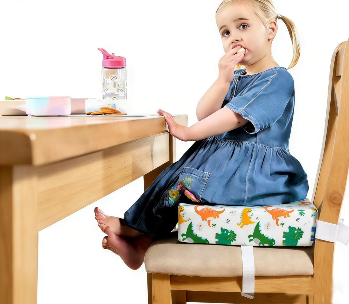 Baby Booster Seat for Dining Chair Table Toddler Booster Seat for Kitchen Chair with Non-Slip Bottom, Portable Detachable Washable Cushion with 2 Adjustable Straps Dinosaur White — view 5