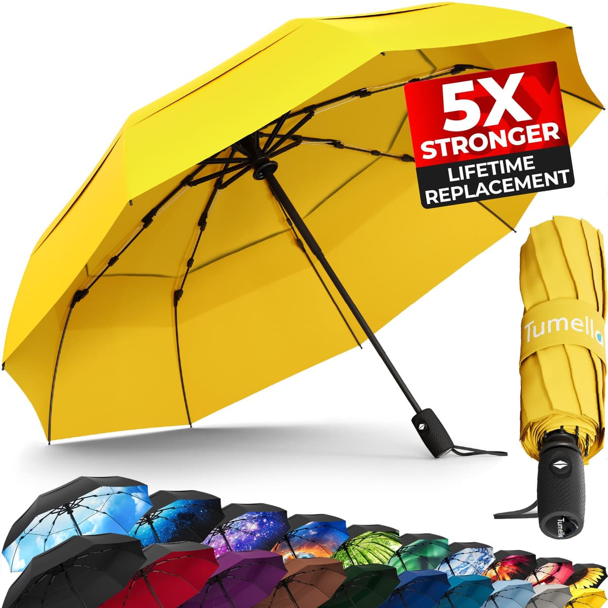 TUMELLA Strongest Windproof Travel Umbrella (Compact, Superior & Beautiful), Small Strong but Light Portable and Automatic Folding Rain Umbrella, Durable Premium Grip, Fits Car & Backpack Black — view 23