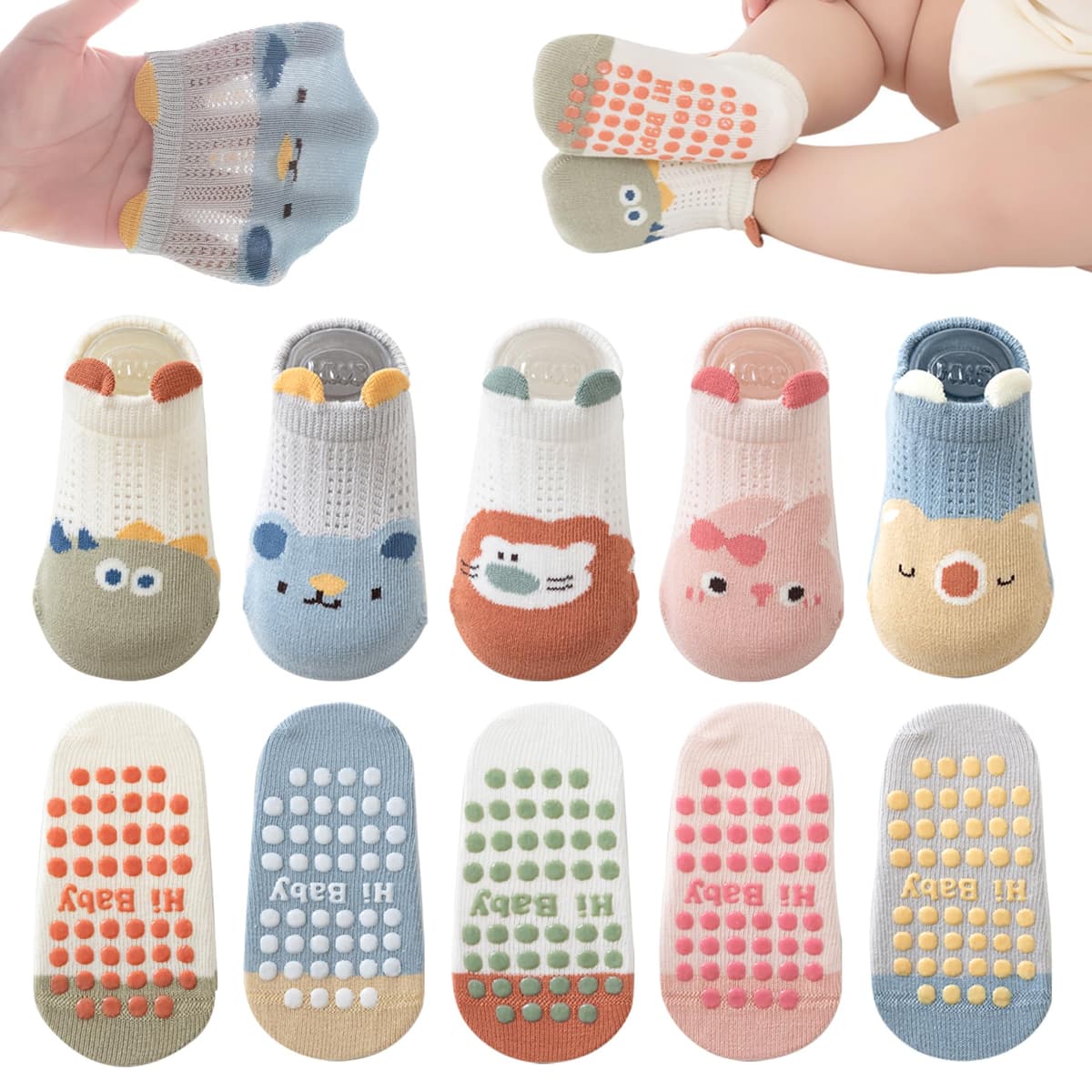 Baby Non-slip Ankle Socks with Grip, Cotton, Breathable, for Babies, Boys, Girls, 5 Pairs of Multicoloured