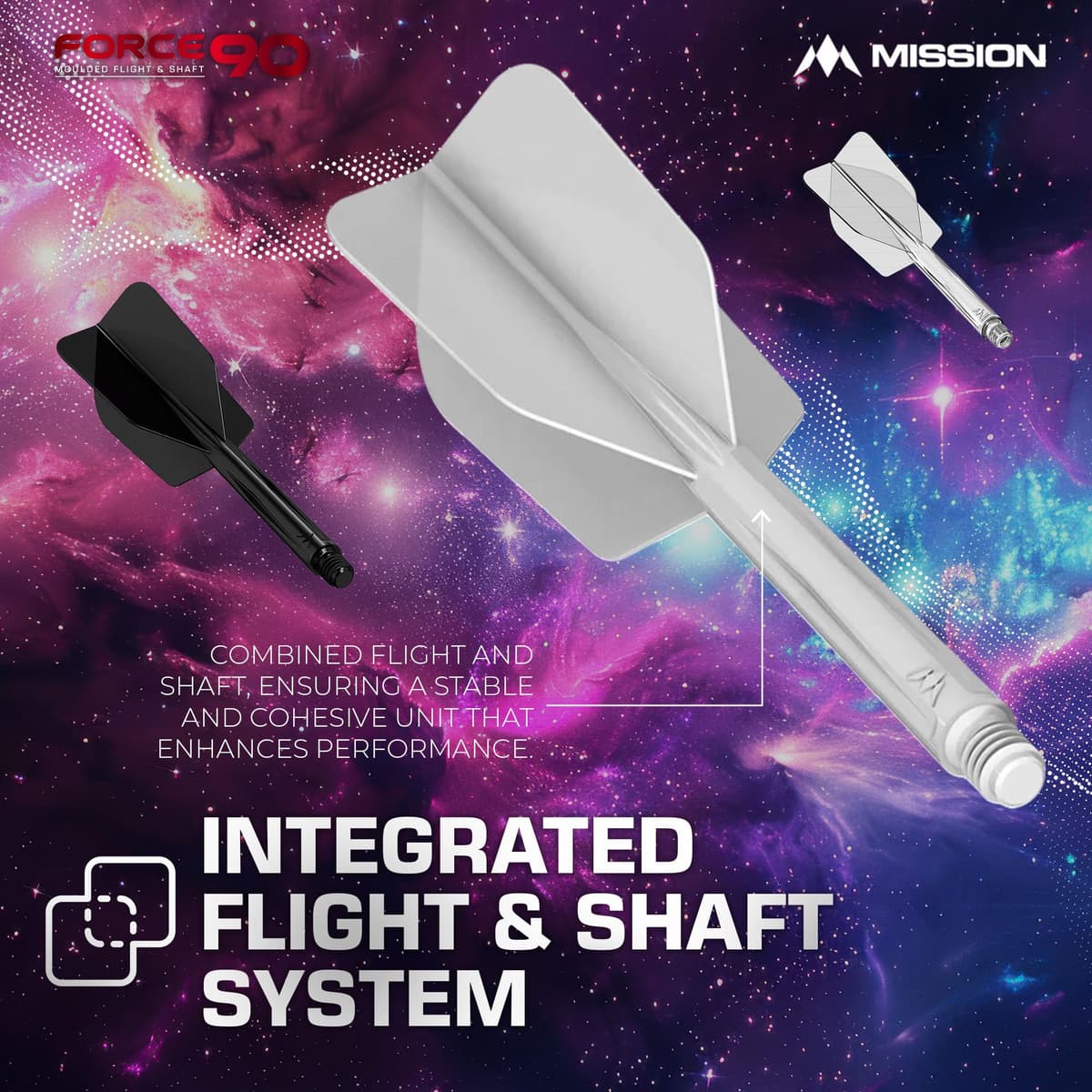 Mission Darts Force 90 | Sistema integrado de vuelo y eje de dardos moldeado de precisión, paquete de 3 plumas y tallos combinados profesionales altamente duraderos 2 en 1 | Delgado — view 2