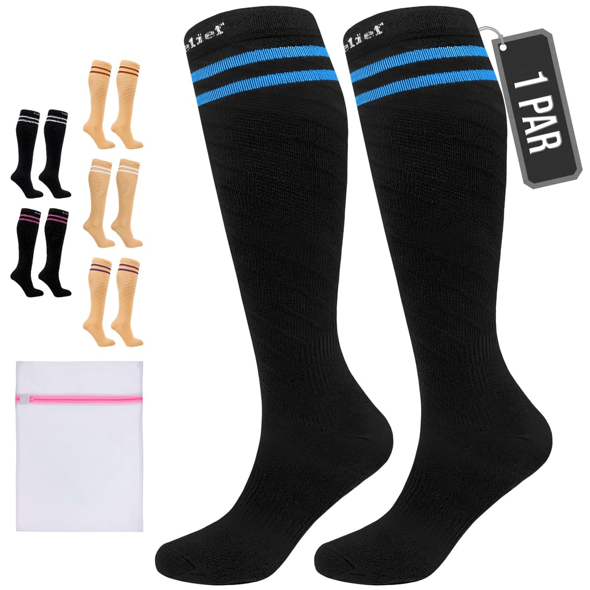 360 Relief Medias de Compresión Mujer y Hombre - 1 Par Calcetines de Compresión para Deportes, Correr, Volar, Viaje, Trabajo, Footing - S/M Beis con Bolsa de Malla — view 74