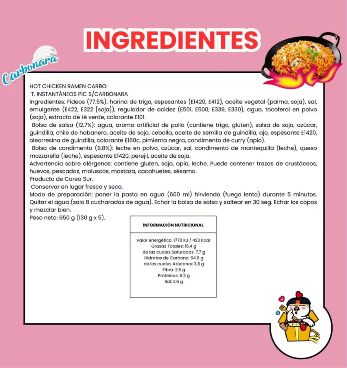 Samyang Buldak Carbonara Ramen Coreano – Fideos Picantes Instantáneos con distintos Sabores - Pack Laborawi (5x130g) — view 4