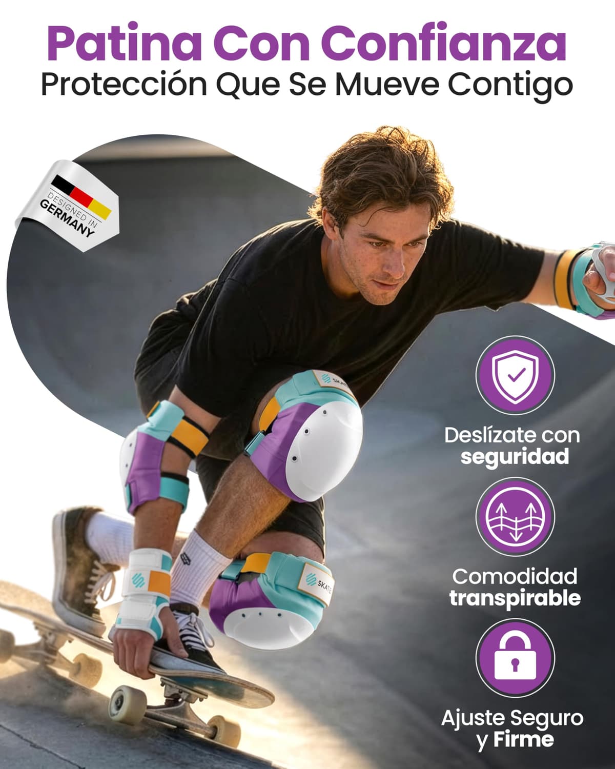 SKATEWIZ Protecciones Patines Adulto, Rodilleras Skate - Protecciones Patines de Hielo - Kit Protección Skate - Rodilleras y Coderas Adulto - Shield Talla M Lavanda — view 2