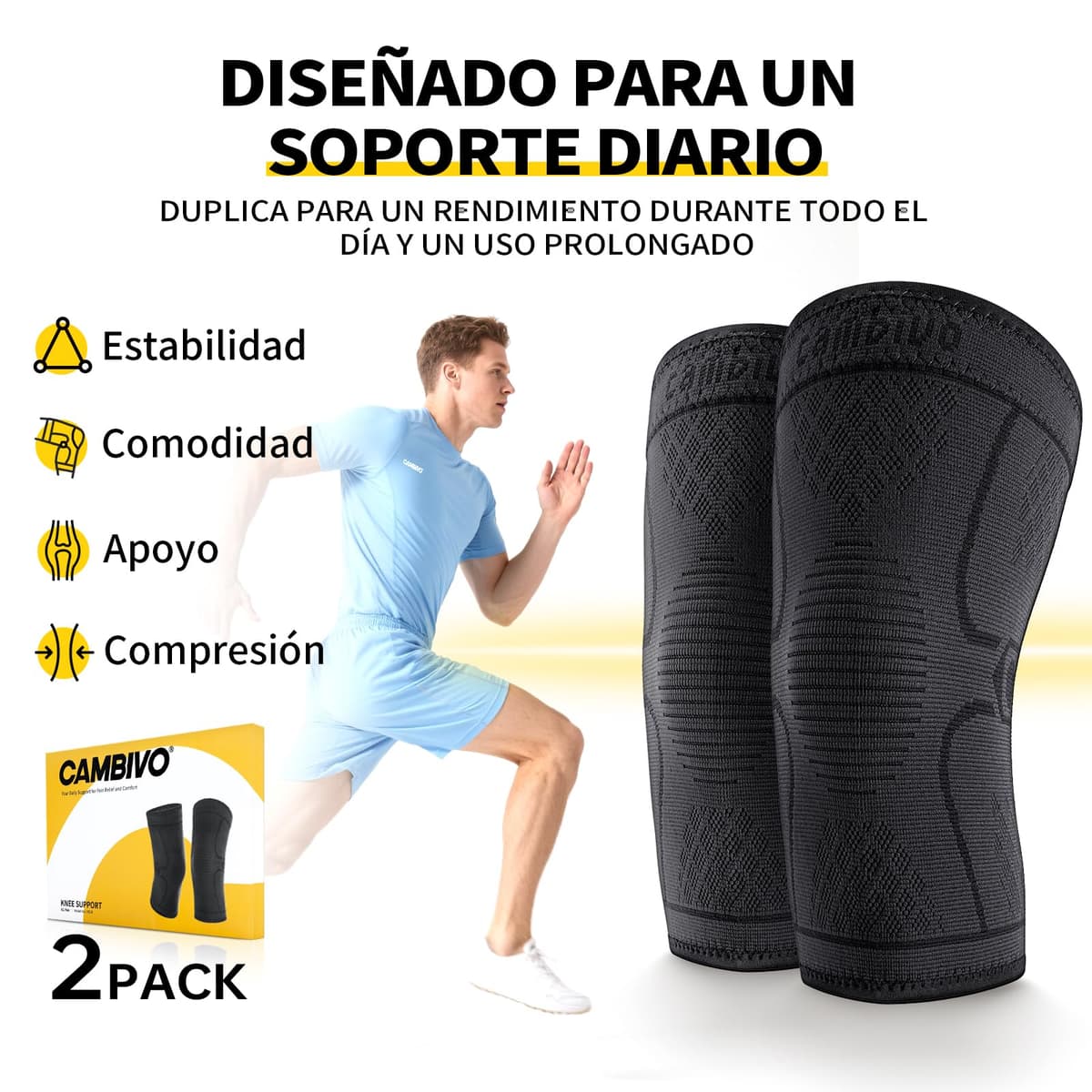 CAMBIVO 2Pcs Rodilleras Gym de Compresion, Rodilleras Menisco y Ligamento, Rodillera Transpirable y Antideslizante para Gym, Voleibol, Baloncesto, Correr, Bicicleta, Unisex — view 3