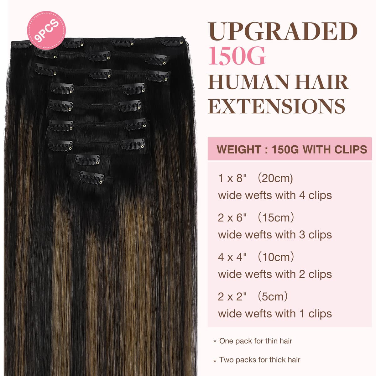 GOO GOO Clip in Hair Extensions Human Hair, 18inch 150g 9Pcs, #2 Dark Brown, Hair extensions for women, Human Hair Extensions Clip in — view 188
